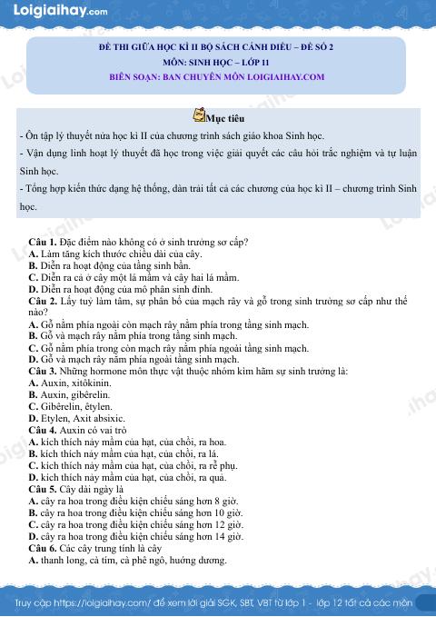 Đề thi giữa học kì 2 Sinh 11 Cánh diều - Đề số 2